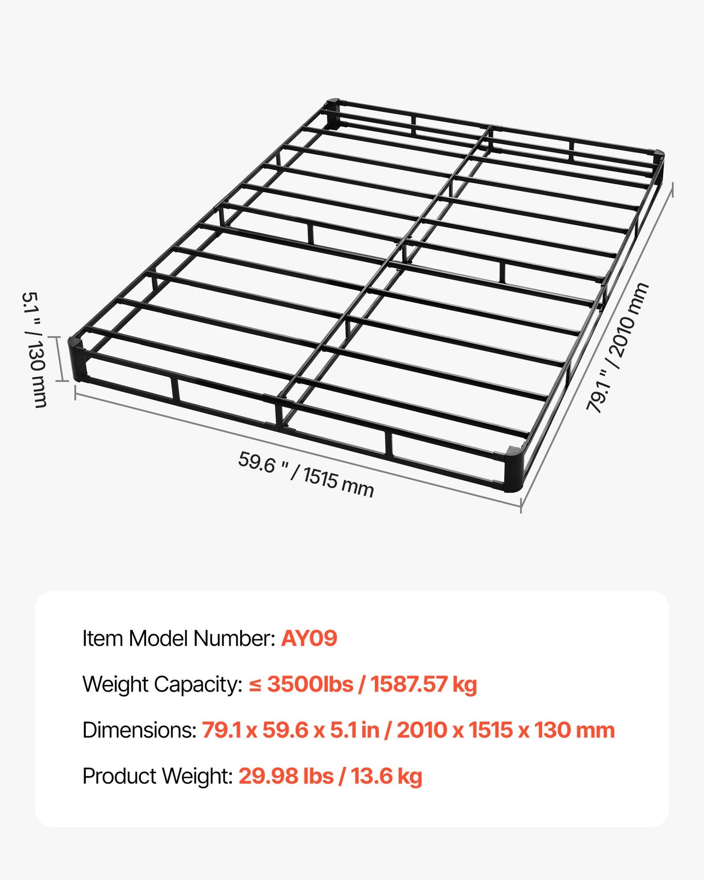 Box Spring, Queen Size Bed Frame with Washable Fabric Cloth, Heavy Duty Metal Frame for Queen Bed, 130 mm Mattress Foundation, 1587.57 kg Max Weight Capacity, Easy Assembly, 2010 x 1515 x 130 mm