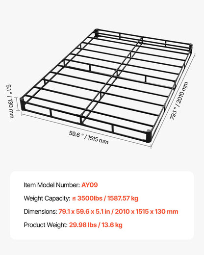Box Spring, Queen Size Bed Frame with Washable Fabric Cloth, Heavy Duty Metal Frame for Queen Bed, 130 mm Mattress Foundation, 1587.57 kg Max Weight Capacity, Easy Assembly, 2010 x 1515 x 130 mm
