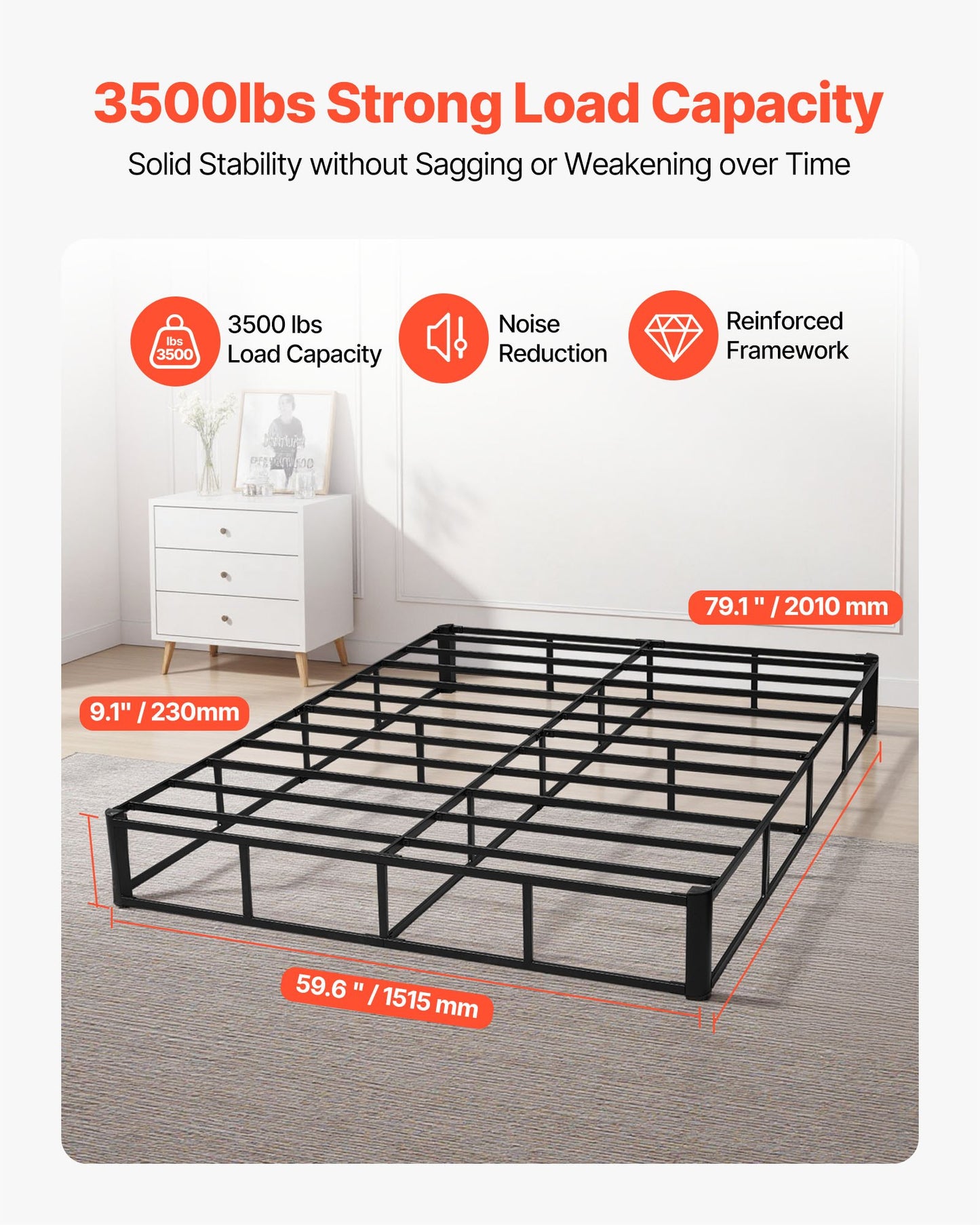Box Spring, Queen Size Bed Frame with Washable Fabric Cloth, Heavy Duty Metal Frame for Queen Bed, 230 mm Mattress Foundation, 3500 lbs Max Weight Capacity, Easy Assembly, 2010 x 1515 x 230 mm