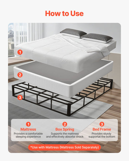 Box Spring, Queen Size Bed Frame with Washable Fabric Cloth, Heavy Duty Metal Frame for Queen Bed, 230 mm Mattress Foundation, 3500 lbs Max Weight Capacity, Easy Assembly, 2010 x 1515 x 230 mm