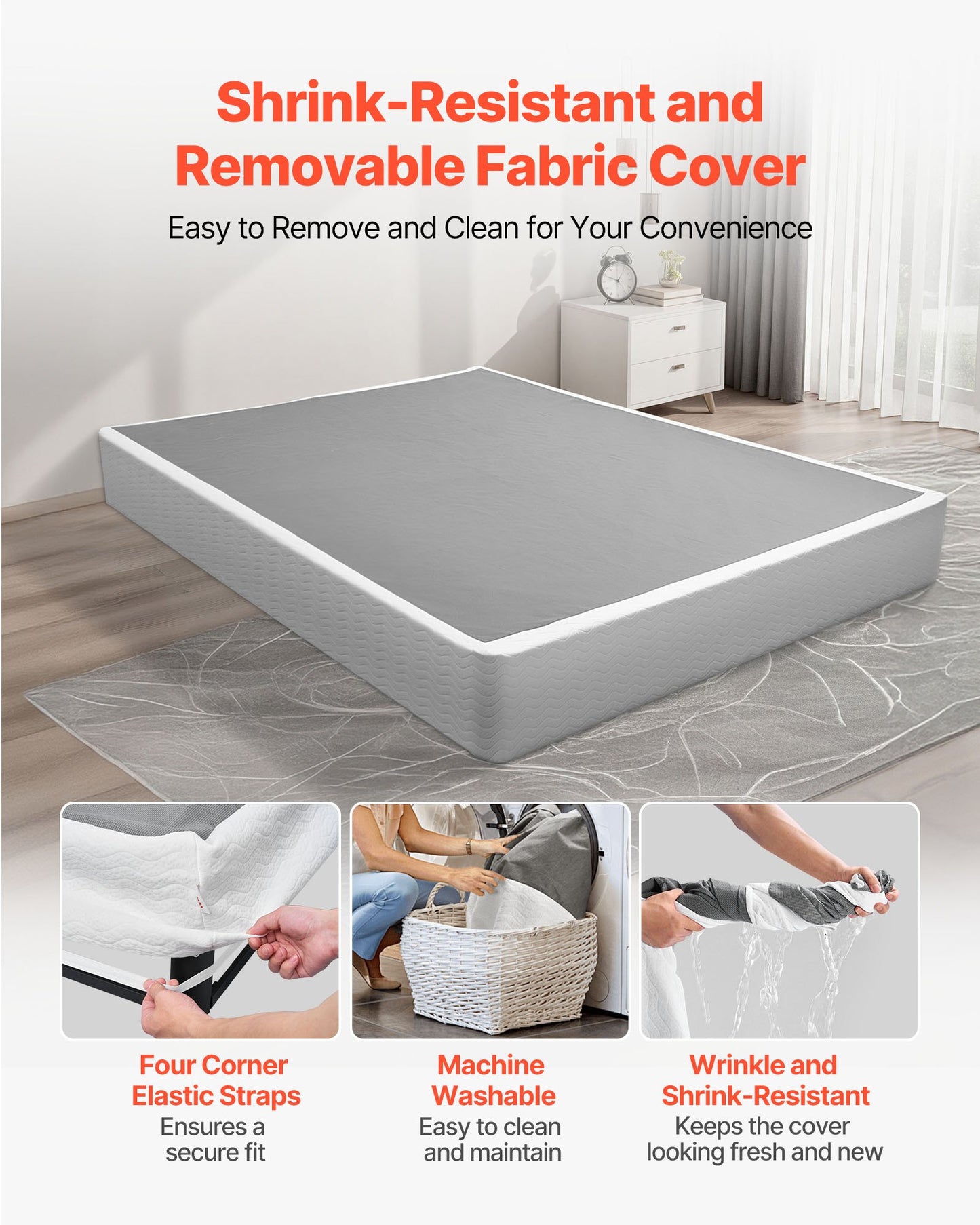 Box Spring, Queen Size Bed Frame with Washable Fabric Cloth, Heavy Duty Metal Frame for Queen Bed, 230 mm Mattress Foundation, 3500 lbs Max Weight Capacity, Easy Assembly, 2010 x 1515 x 230 mm