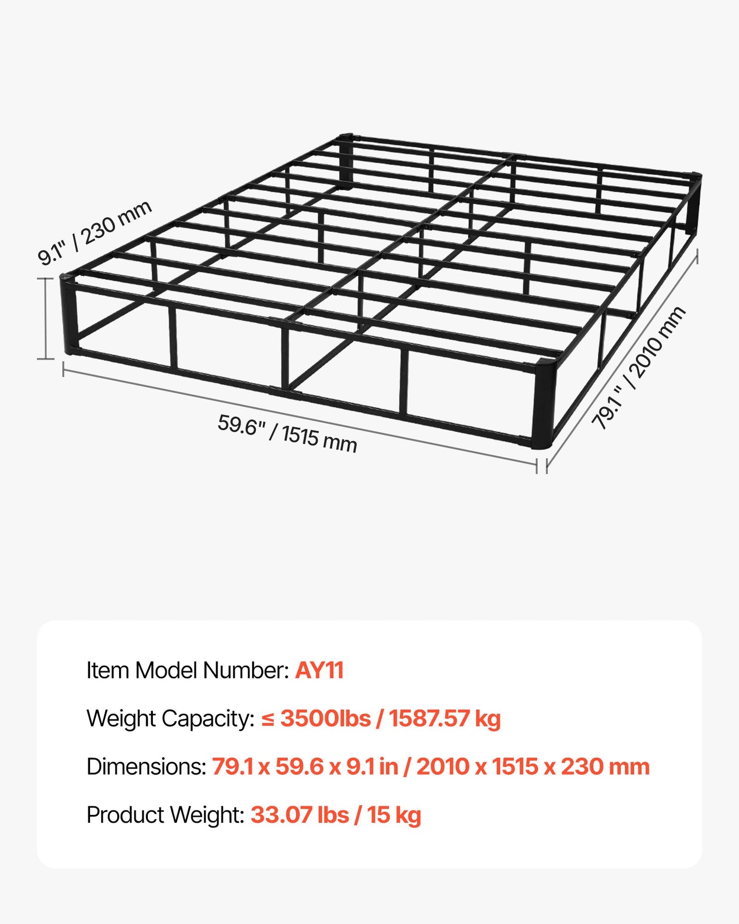 Box Spring, Queen Size Bed Frame with Washable Fabric Cloth, Heavy Duty Metal Frame for Queen Bed, 230 mm Mattress Foundation, 3500 lbs Max Weight Capacity, Easy Assembly, 2010 x 1515 x 230 mm
