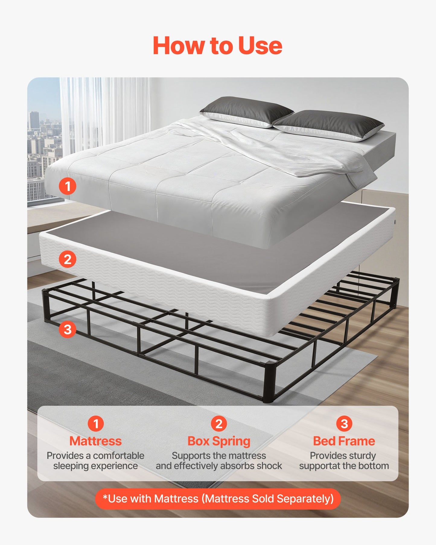 Box Spring, King Size Bed Frame with Washable Fabric Cloth, Heavy Duty Metal Frame for King Bed, 230 mm Mattress Foundation, 1587.57 kg Max Weight Capacity, Easy Assembly, 2010 x 1925 x 230 mm