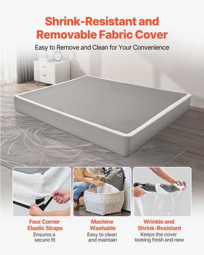 Box Spring, King Size Bed Frame with Washable Fabric Cloth, Heavy Duty Metal Frame for King Bed, 230 mm Mattress Foundation, 1587.57 kg Max Weight Capacity, Easy Assembly, 2010 x 1925 x 230 mm