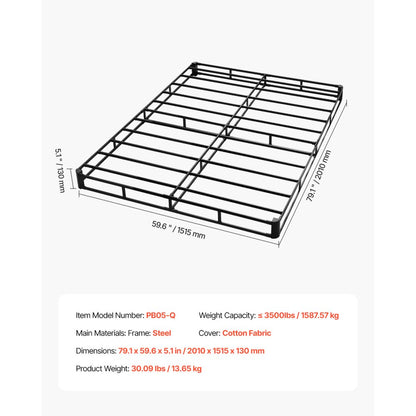 VEVOR Box Spring Queen Size Bed Frame with Fabric Cloth 79.1L x 59.6W x 5.1H in