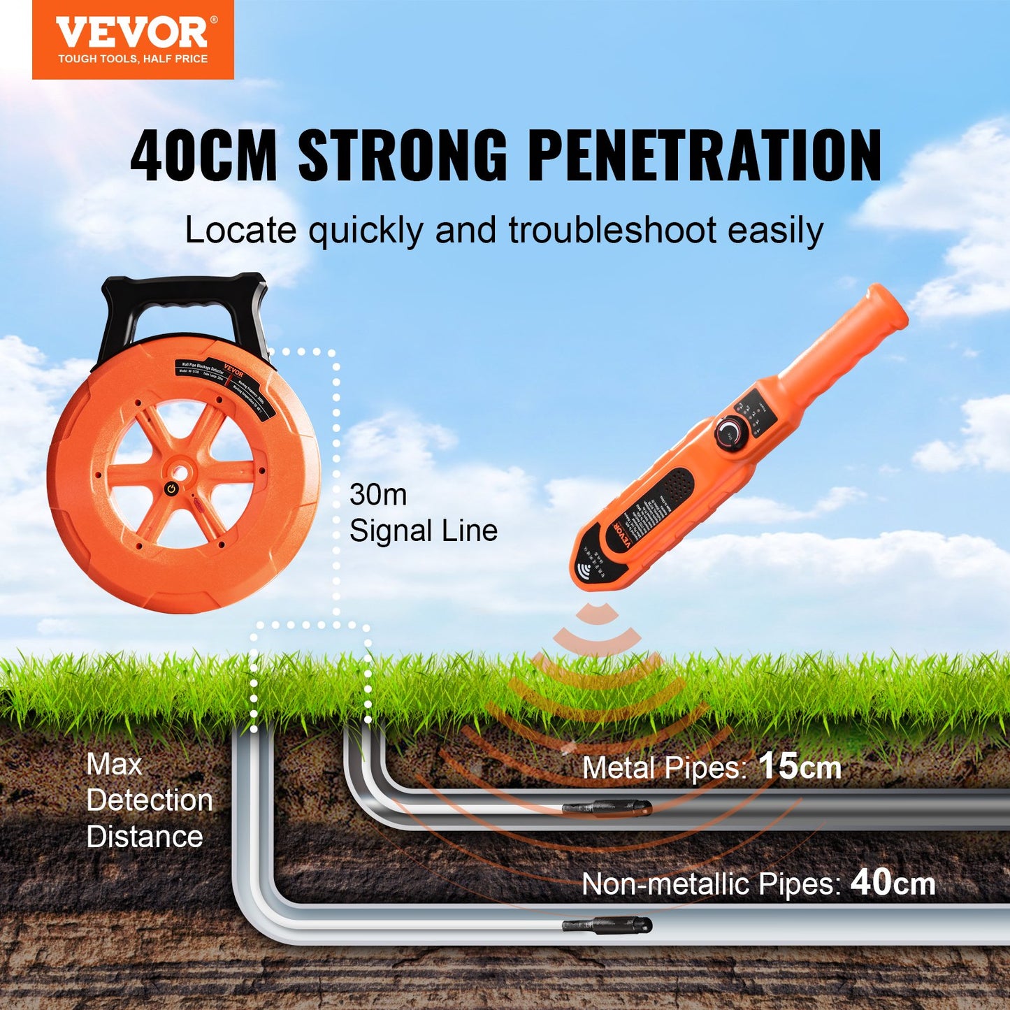 VEVOR Pipe Locators, 100ft/30m PVC Pipe Locators Underground, IP67 Waterproof Pipe
