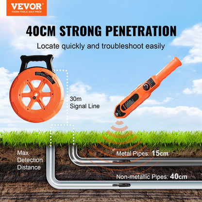VEVOR Pipe Locators, 100ft/30m PVC Pipe Locators Underground, IP67 Waterproof Pipe