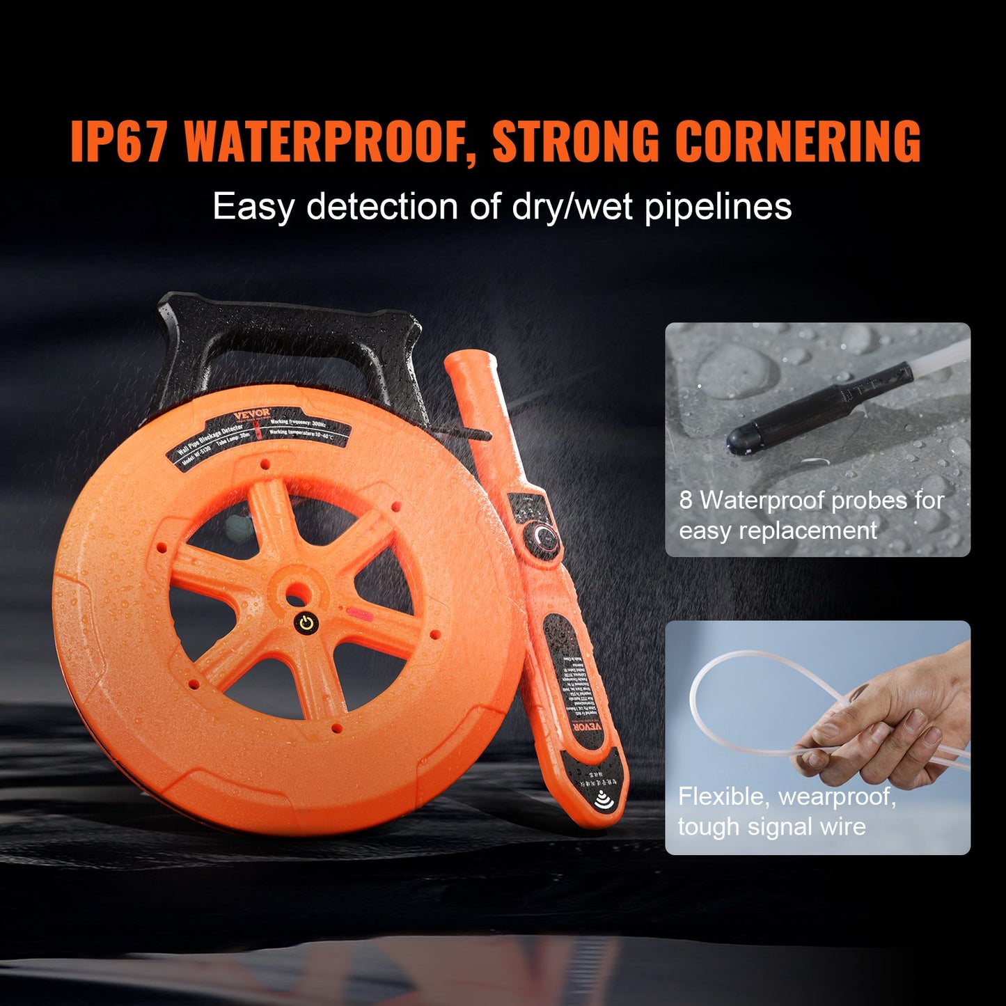 VEVOR Pipe Locators, 100ft/30m PVC Pipe Locators Underground, IP67 Waterproof Pipe