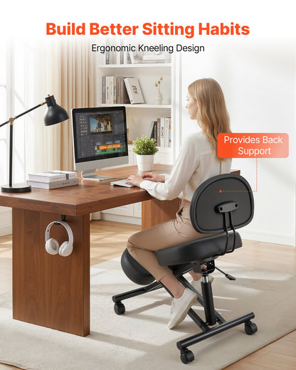 Ergonomic Kneeling Chair with Backrest & Wheels, Mobile X-Shaped Posture Knee Chair with Adjustable Height & Thick Foam Cushions, Relief for Neck or Back Pain for Home, Office, Meditation, Black