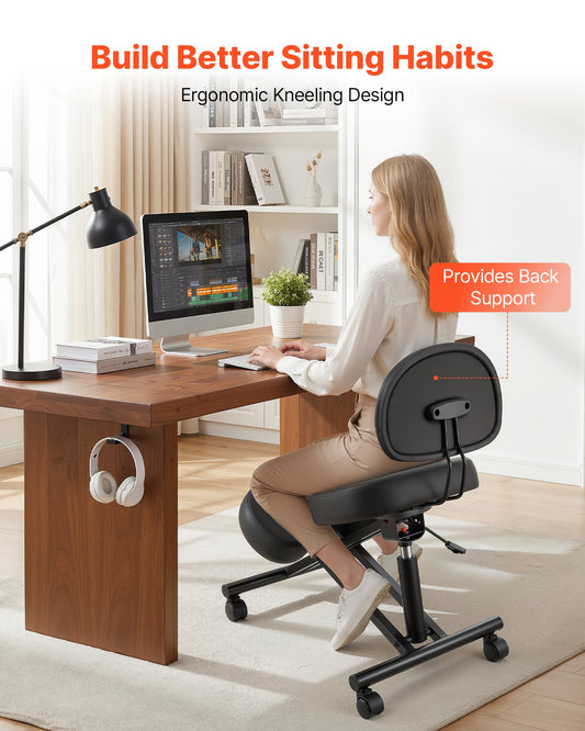 Ergonomic Kneeling Chair with Backrest & Wheels, Mobile X-Shaped Posture Knee Chair with Adjustable Height & Thick Foam Cushions, Relief for Neck or Back Pain for Home, Office, Meditation, Black