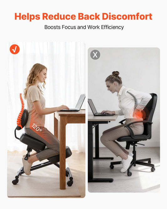 Ergonomic Kneeling Chair with Backrest & Wheels, Mobile X-Shaped Posture Knee Chair with Adjustable Height & Thick Foam Cushions, Relief for Neck or Back Pain for Home, Office, Meditation, Black