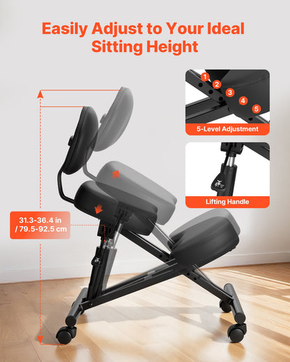 Ergonomic Kneeling Chair with Backrest & Wheels, Mobile X-Shaped Posture Knee Chair with Adjustable Height & Thick Foam Cushions, Relief for Neck or Back Pain for Home, Office, Meditation, Black