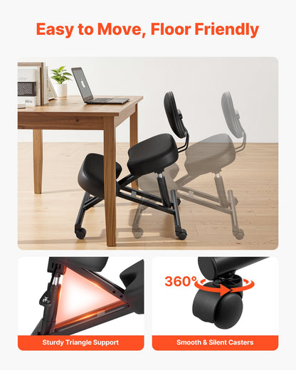 Ergonomic Kneeling Chair with Backrest & Wheels, Mobile X-Shaped Posture Knee Chair with Adjustable Height & Thick Foam Cushions, Relief for Neck or Back Pain for Home, Office, Meditation, Black