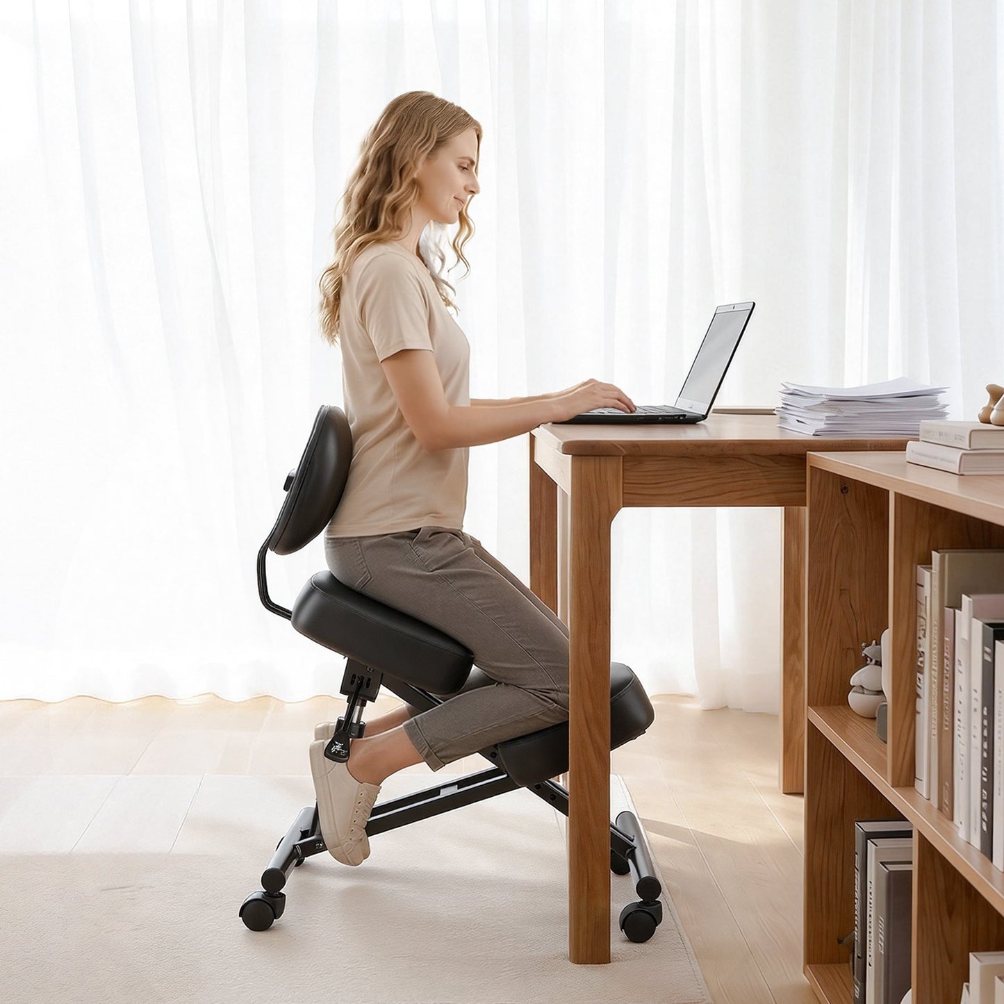 Ergonomic Kneeling Chair with Backrest & Wheels, Mobile X-Shaped Posture Knee Chair with Adjustable Height & Thick Foam Cushions, Relief for Neck or Back Pain for Home, Office, Meditation, Black