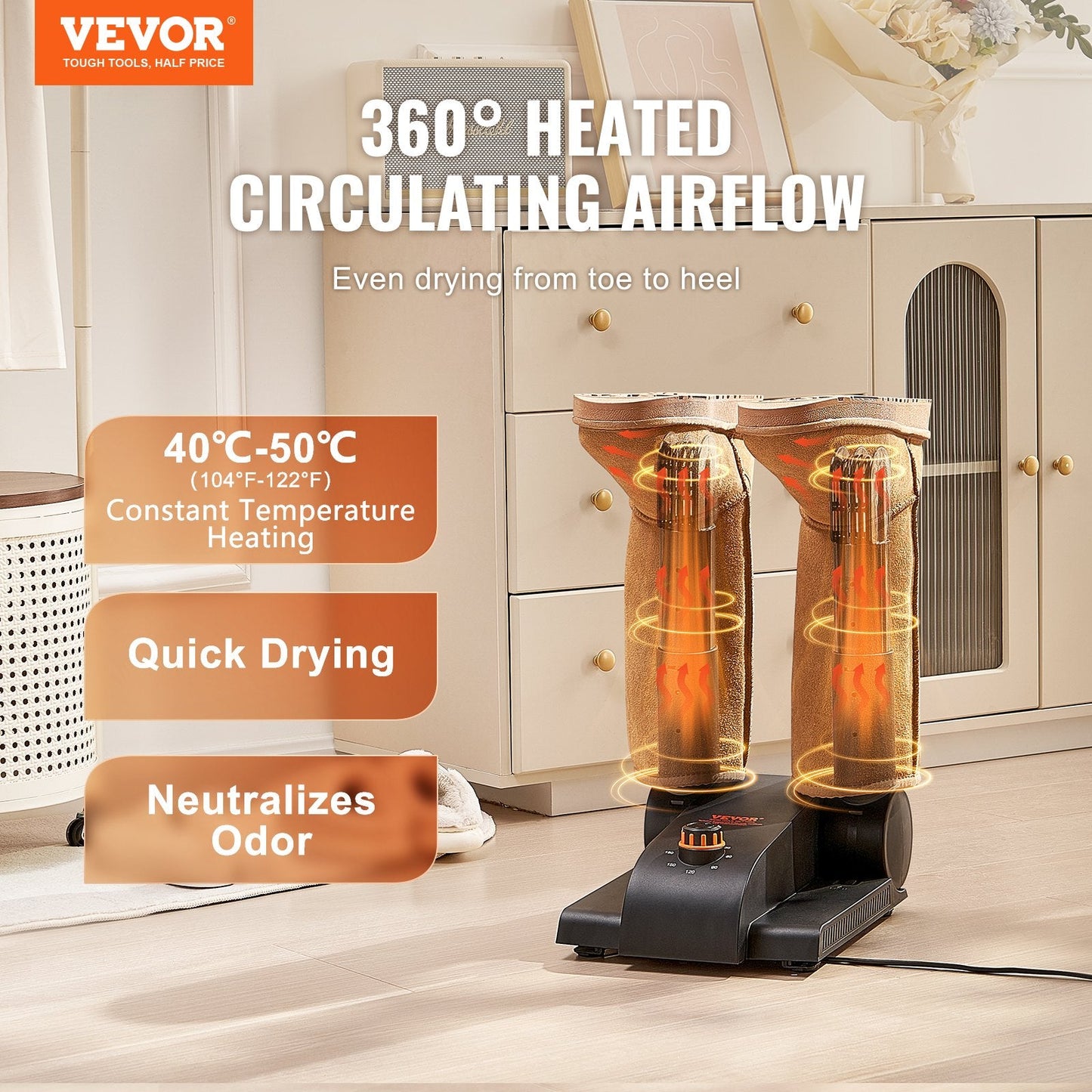 Foldable Shoe and Boot Dryer with Heat Blower, Adjustable Timer, Black/Orange