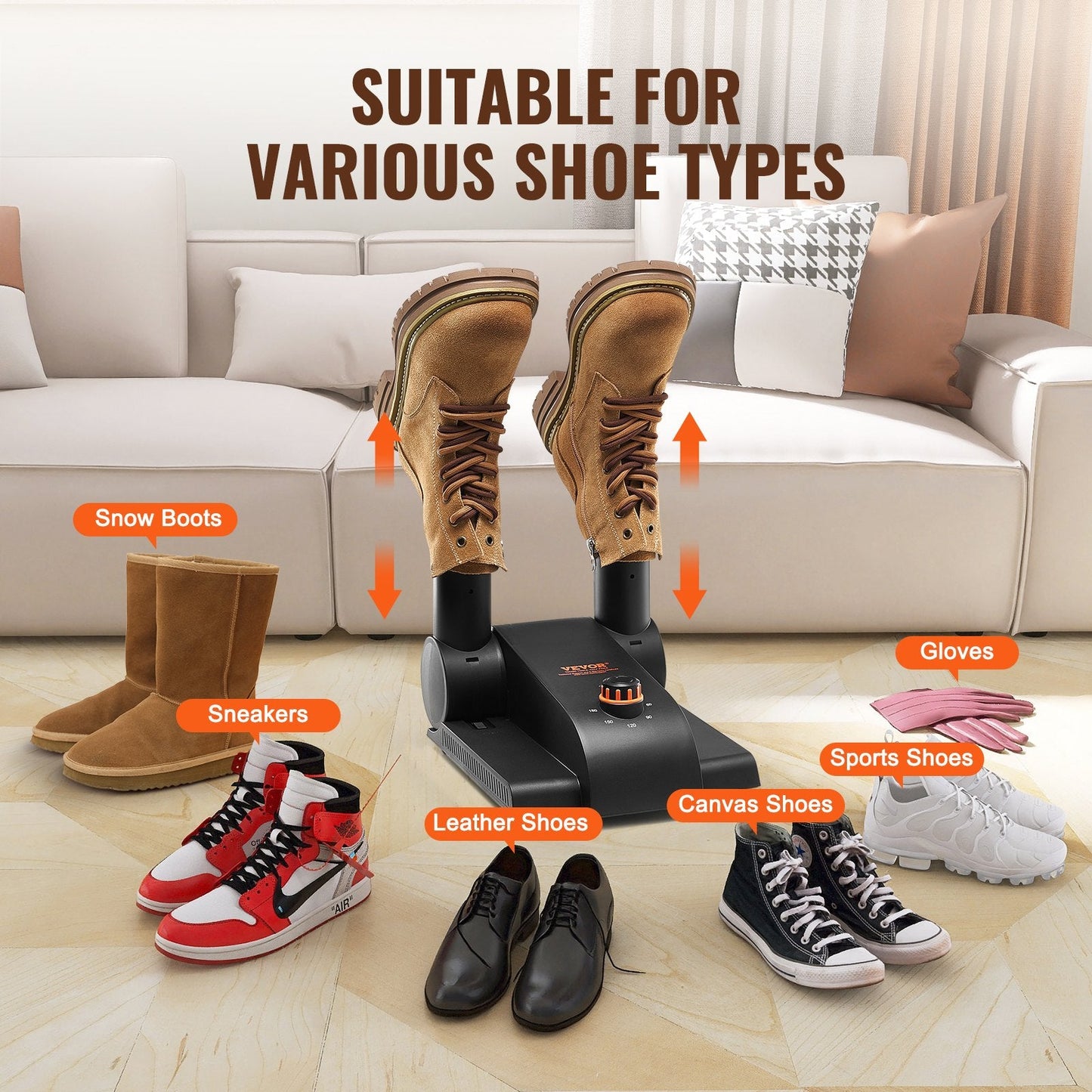 Foldable Shoe and Boot Dryer with Heat Blower, Adjustable Timer, Black/Orange