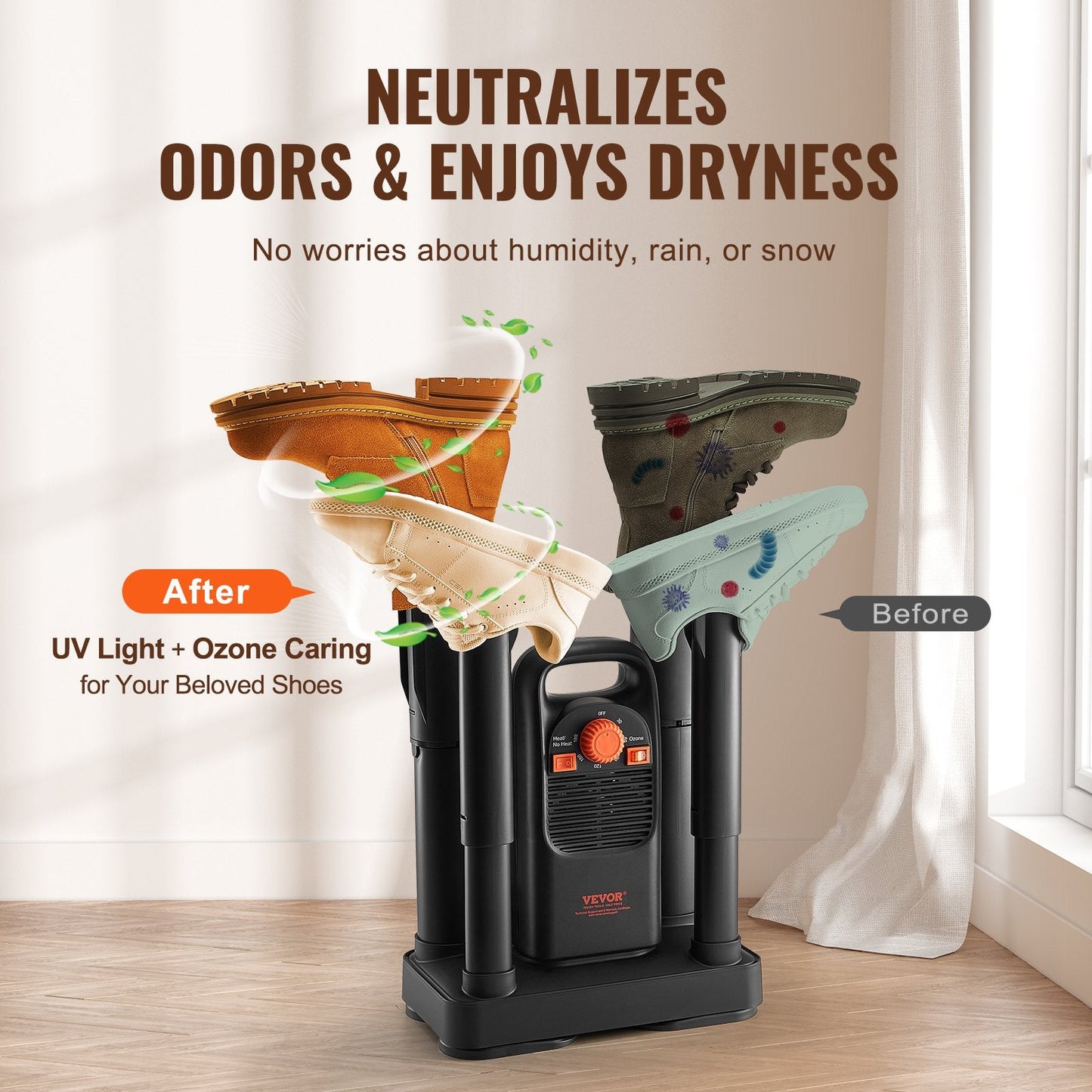 4-Tube Detachable Shoe Dryer with Timer, Black & Orange, Quick Drying