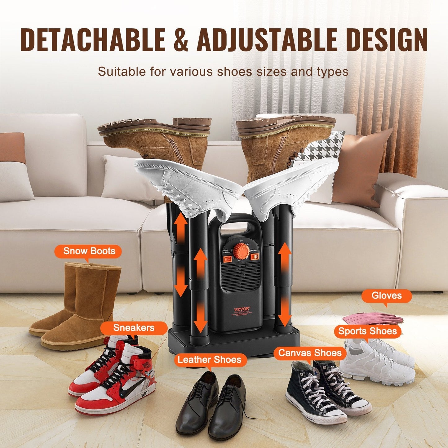 4-Tube Detachable Shoe Dryer with Timer, Black & Orange, Quick Drying
