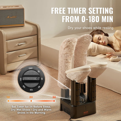 Detachable Shoe Dryer with Heat Blower & Timer, Black/Orange, 4 Tubes, 1.5 m Cord