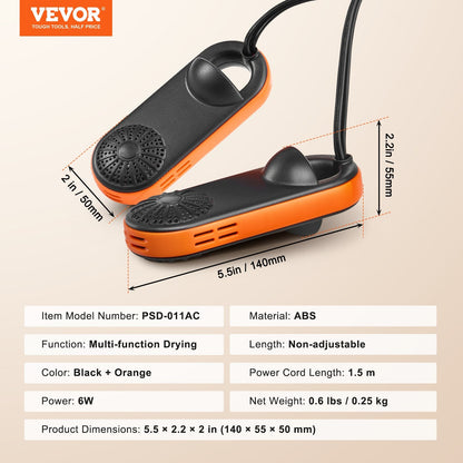 Portable Shoe & Boot Dryer with UVA Light, 1.5m Cord, Black/Orange, 0.25kg