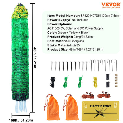 Electric Fence Netting Kit, 1.21 x 51.2 m, with Posts & Double-Spiked Stakes