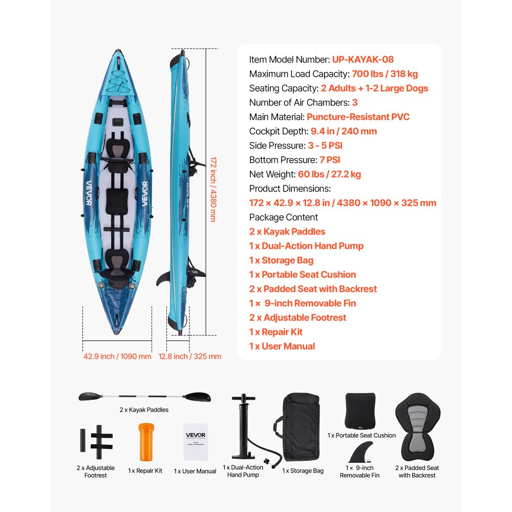 Inflatable Kayak 2-Person Inflatable Recreational Kayak 318kg Capacity