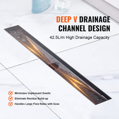 Brushed Stainless Steel Linear Shower Drain with Square Grate, 0.61m, Matte Black