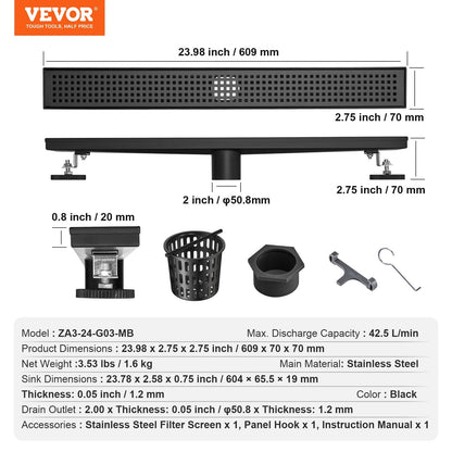 Brushed Stainless Steel Linear Shower Drain with Square Grate, 0.61m, Matte Black