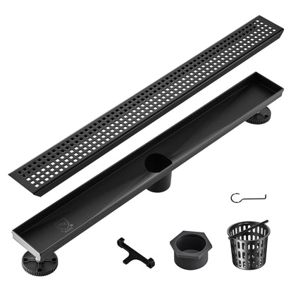 Brushed Stainless Steel Linear Shower Drain with Square Grate, 0.61m, Matte Black