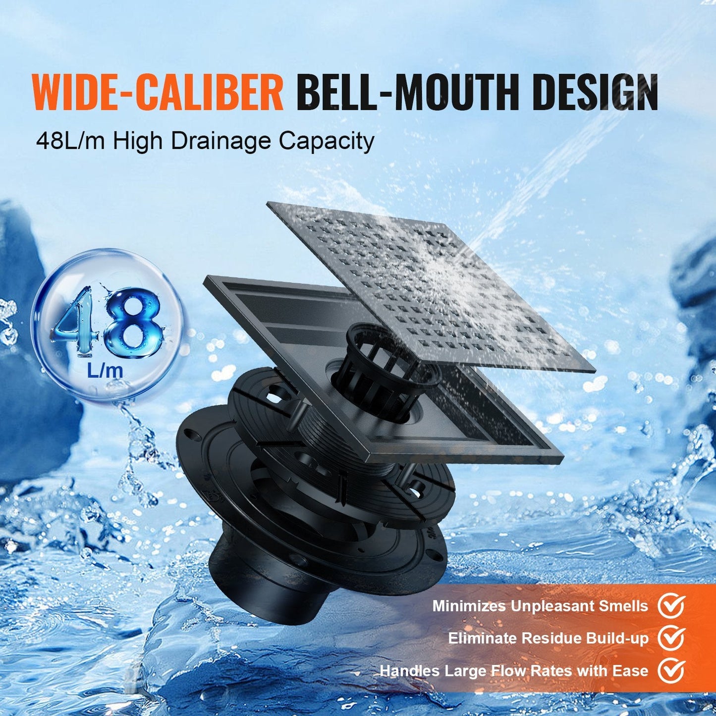 406mm Linear Shower Drain with Square Grate, Matte Black Stainless Steel