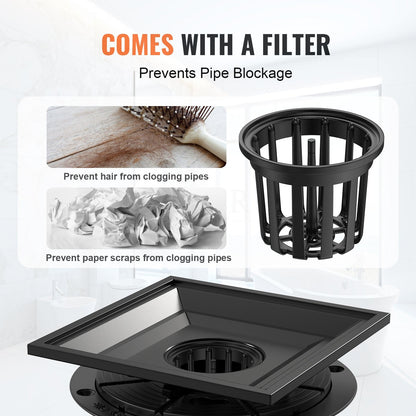 406mm Linear Shower Drain with Square Grate, Matte Black Stainless Steel