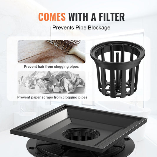 406mm Linear Shower Drain with Square Grate, Matte Black Stainless Steel