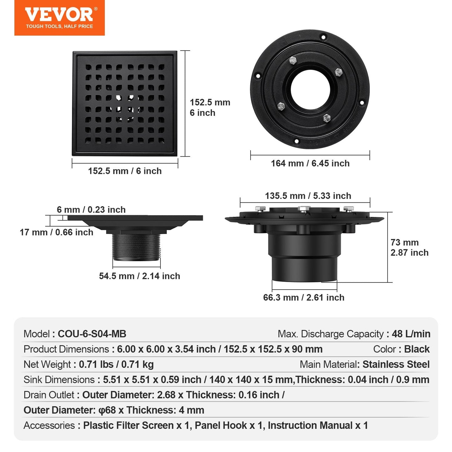 406mm Linear Shower Drain with Square Grate, Matte Black Stainless Steel