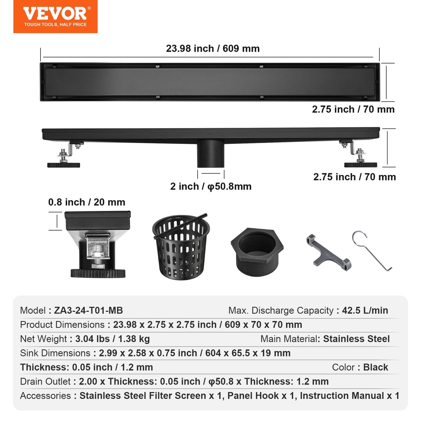 610mm Linear Shower Drain with Tile Insert, Brushed Stainless Steel, Black