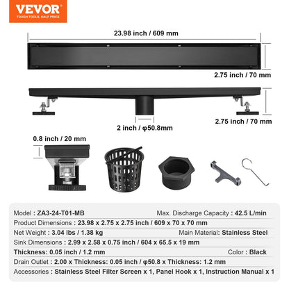610mm Linear Shower Drain with Tile Insert, Brushed Stainless Steel, Black