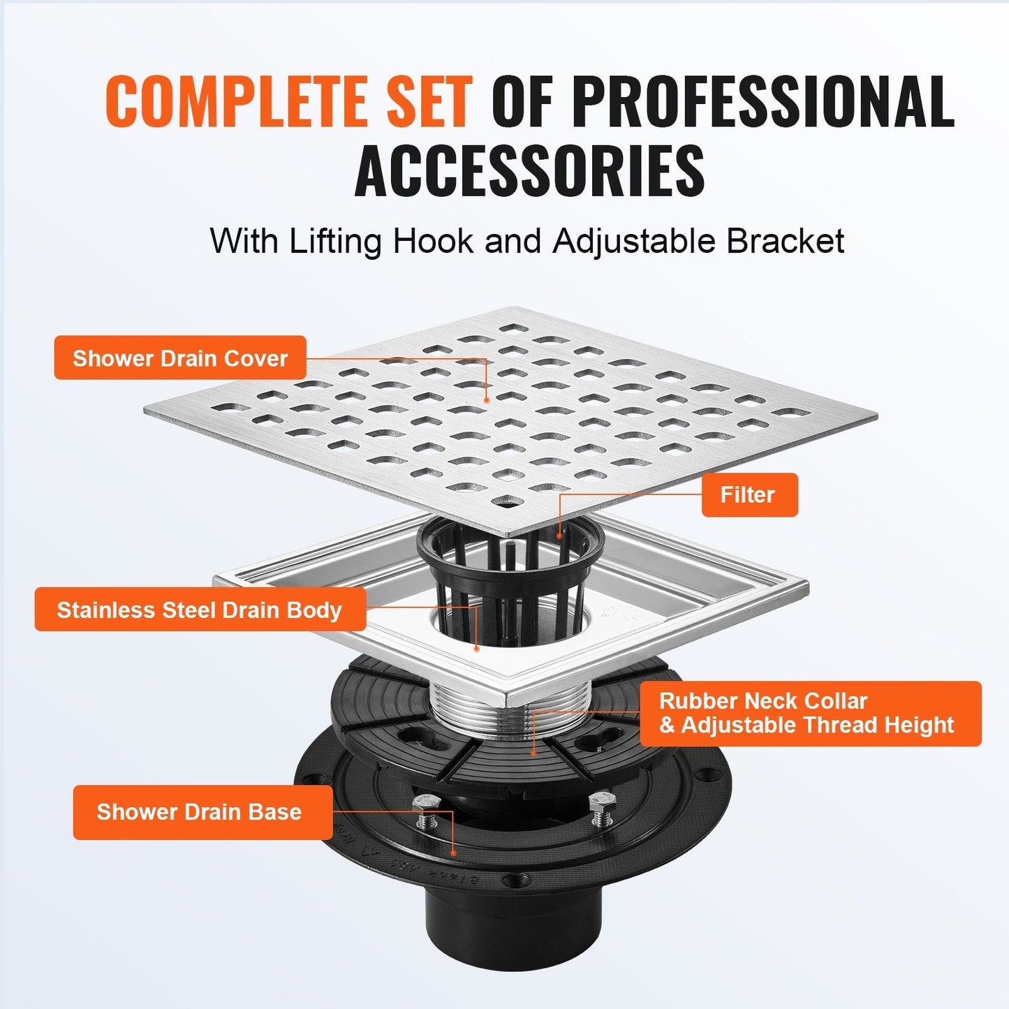 406mm Stainless Steel Linear Shower Drain with Square Grate and Hair Strainer