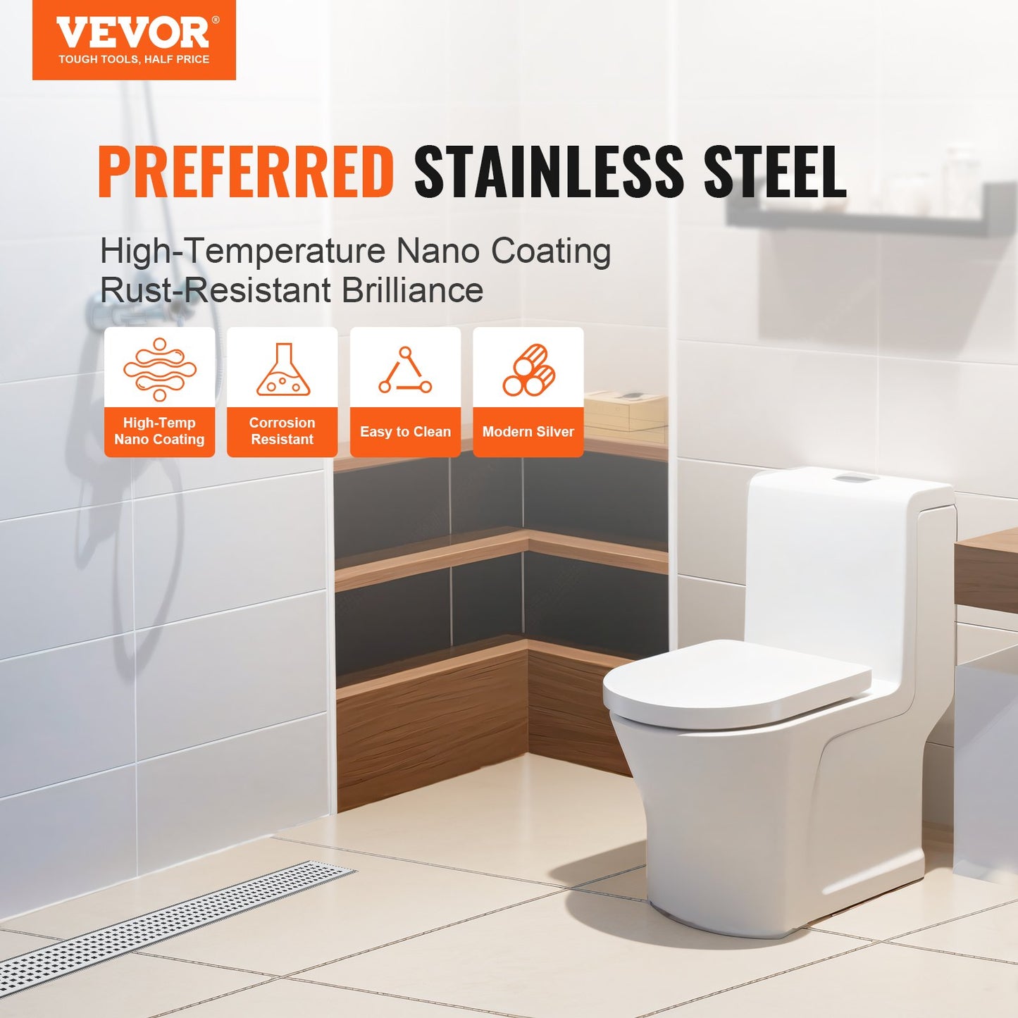 VEVOR 610mm Linear Shower Drain with Square Pattern Grate,Brushed 304 Stainless