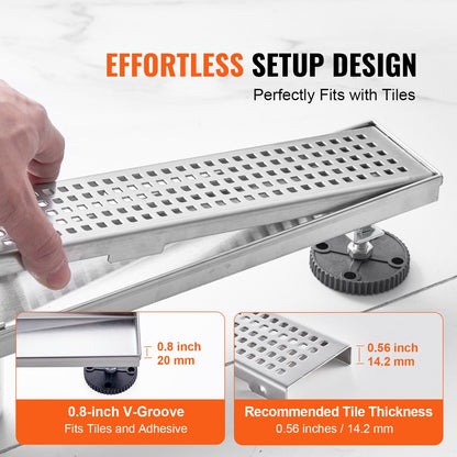 VEVOR 610mm Linear Shower Drain with Square Pattern Grate,Brushed 304 Stainless