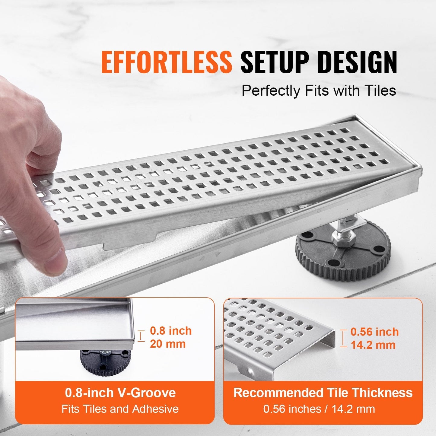 610mm Linear Shower Drain, Square Grate, Brushed Stainless Steel, 42.5 L/min
