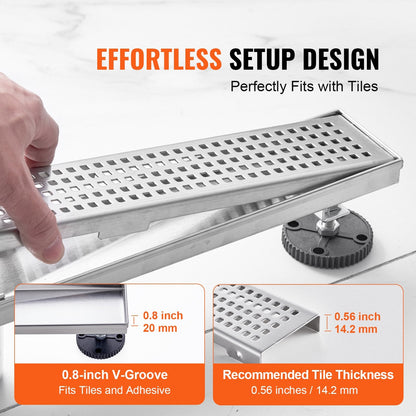 610mm Linear Shower Drain, Square Grate, Brushed Stainless Steel, 42.5 L/min