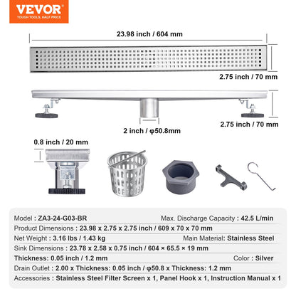 VEVOR 610mm Linear Shower Drain with Square Pattern Grate,Brushed 304 Stainless