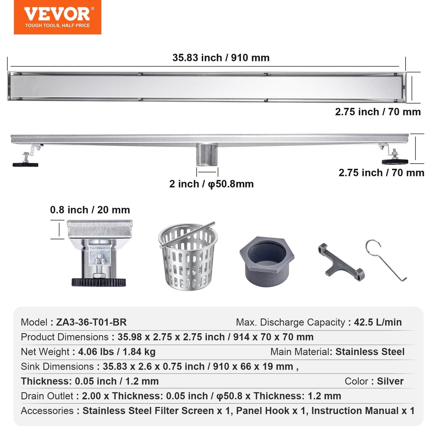 610mm Linear Shower Drain with Tile Insert, Brushed Stainless Steel