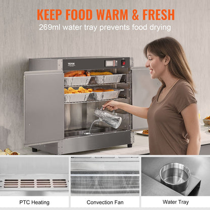Hot Box Food Warmer, 4-Tier Concession Warmer with Water Tray, 4 Pans, Double-door and Adjustable Shelves, Stainless Steel Food Warmer Cabinet, Ideal for Storing Pizza, Chicken, Restaurant