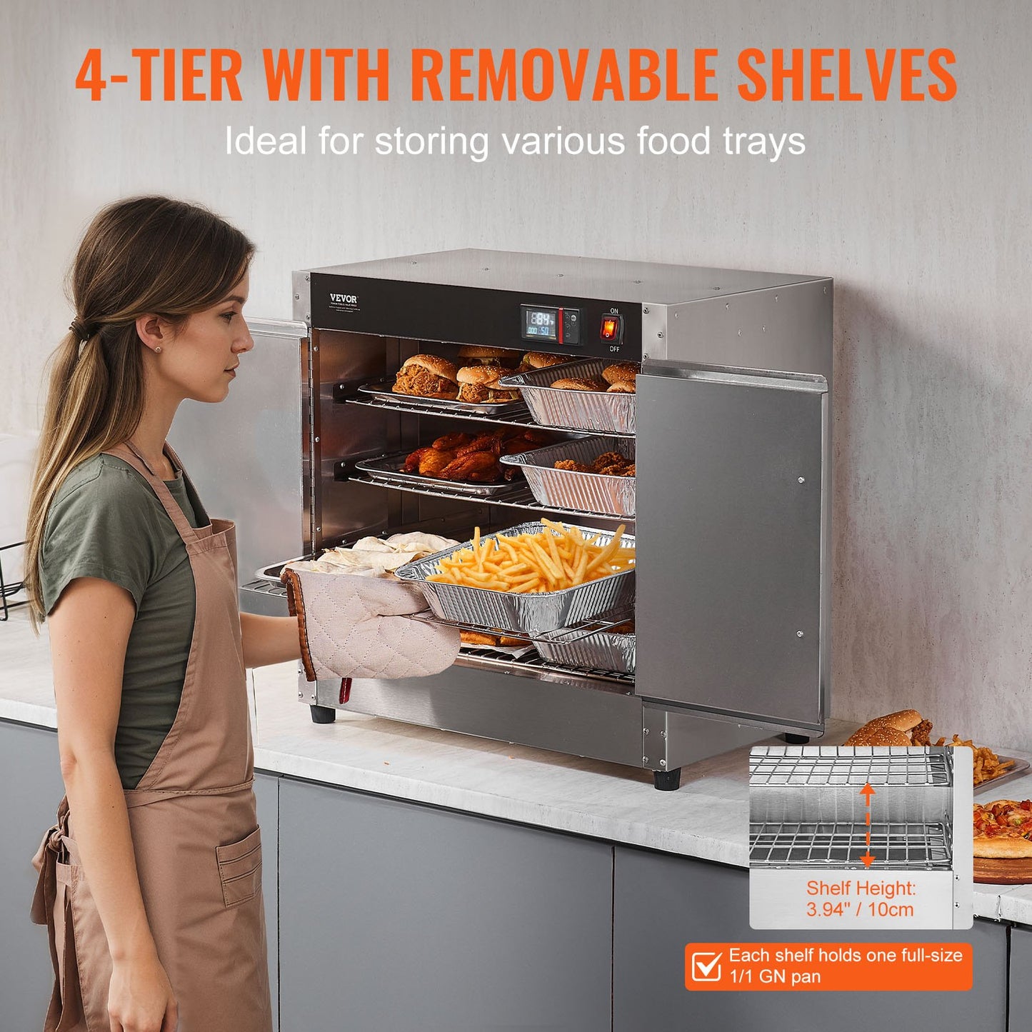 Hot Box Food Warmer, 4-Tier Concession Warmer with Water Tray, 4 Pans, Double-door and Adjustable Shelves, Stainless Steel Food Warmer Cabinet, Ideal for Storing Pizza, Chicken, Restaurant