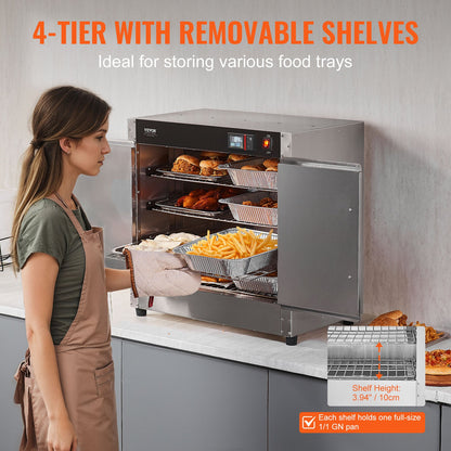 Hot Box Food Warmer, 4-Tier Concession Warmer with Water Tray, 4 Pans, Double-door and Adjustable Shelves, Stainless Steel Food Warmer Cabinet, Ideal for Storing Pizza, Chicken, Restaurant