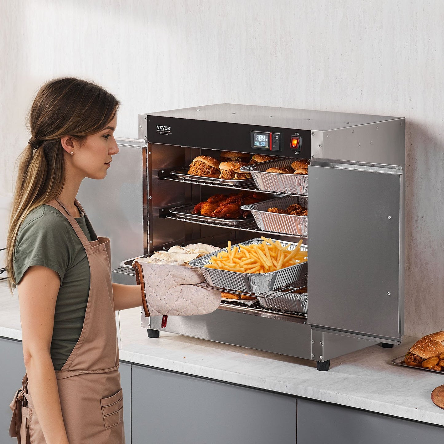 Hot Box Food Warmer, 4-Tier Concession Warmer with Water Tray, 4 Pans, Double-door and Adjustable Shelves, Stainless Steel Food Warmer Cabinet, Ideal for Storing Pizza, Chicken, Restaurant