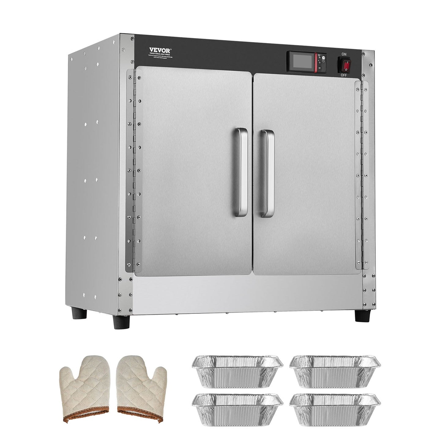 Hot Box Food Warmer, 4-Tier Concession Warmer with Water Tray, 4 Pans, Double-door and Adjustable Shelves, Stainless Steel Food Warmer Cabinet, Ideal for Storing Pizza, Chicken, Restaurant