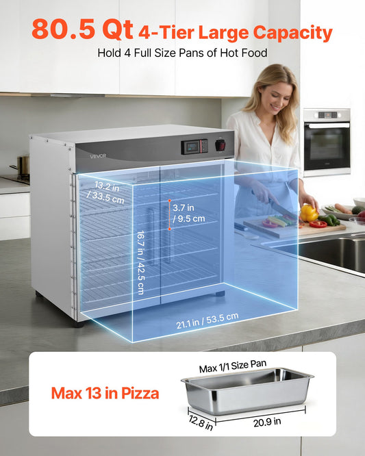 Electric Hot Box Food Warmer, 4-Tier Commercial Warming Cabinet with Water Tray, Double-Door and Adjustable Shelves, Stainless Steel Food Warmer Cabinet, for Restaurant, Kitchen, Pizza, Chicken