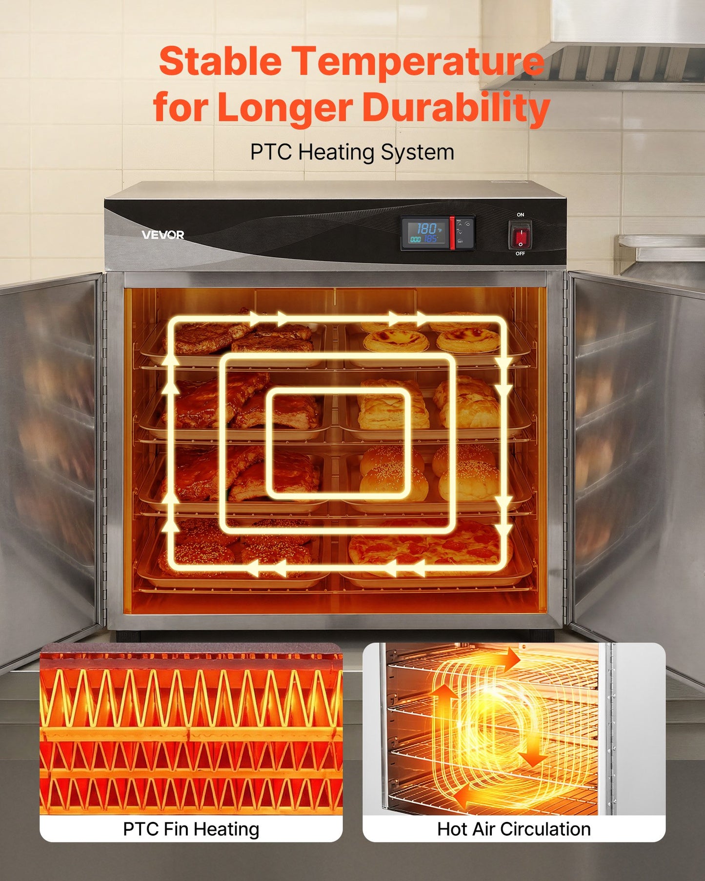 Electric Hot Box Food Warmer, 4-Tier Commercial Warming Cabinet with Water Tray, Double-Door and Adjustable Shelves, Stainless Steel Food Warmer Cabinet, for Restaurant, Kitchen, Pizza, Chicken