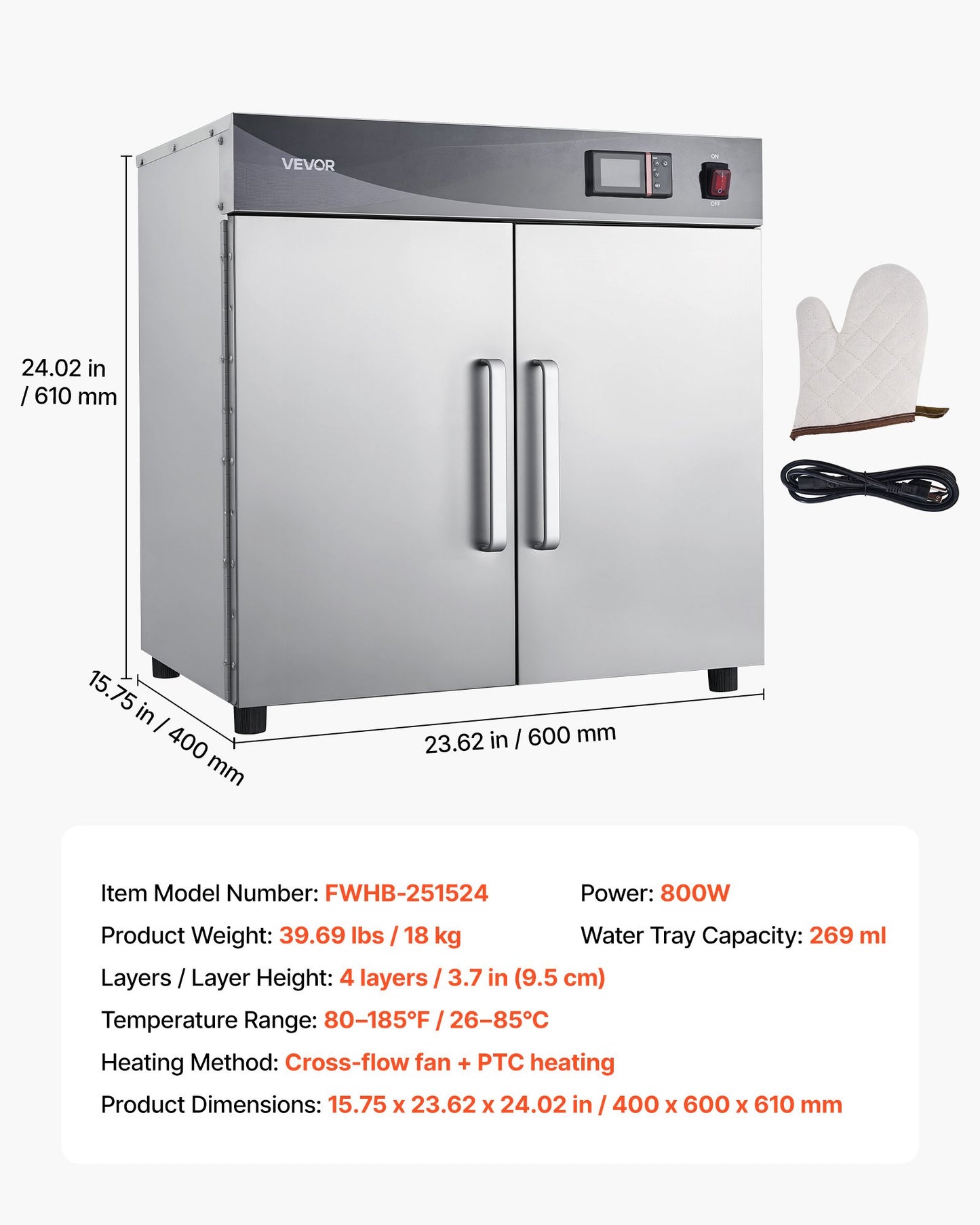 Electric Hot Box Food Warmer, 4-Tier Commercial Warming Cabinet with Water Tray, Double-Door and Adjustable Shelves, Stainless Steel Food Warmer Cabinet, for Restaurant, Kitchen, Pizza, Chicken